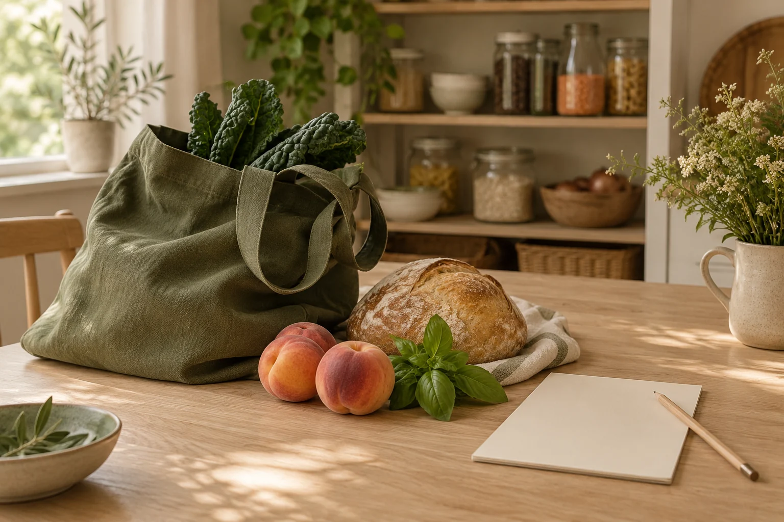 Продукты, многоразовая сумка и листок на кухонном столе