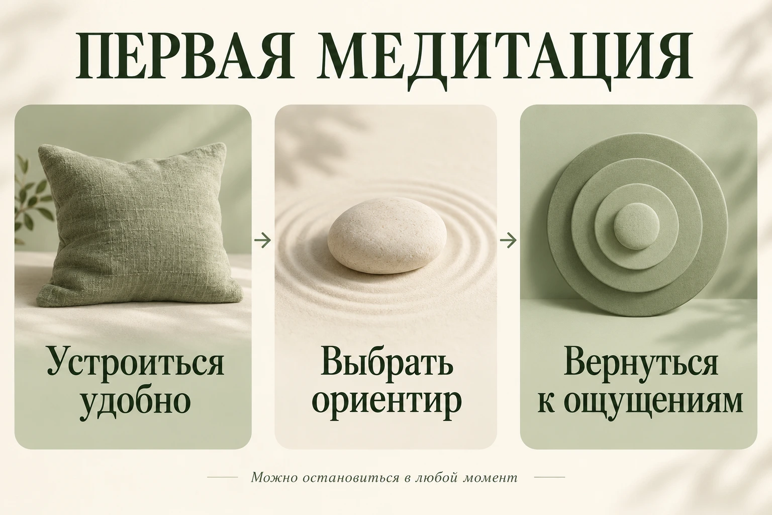 Первая медитация: устроиться удобно, выбрать ориентир, вернуться к ощущениям
