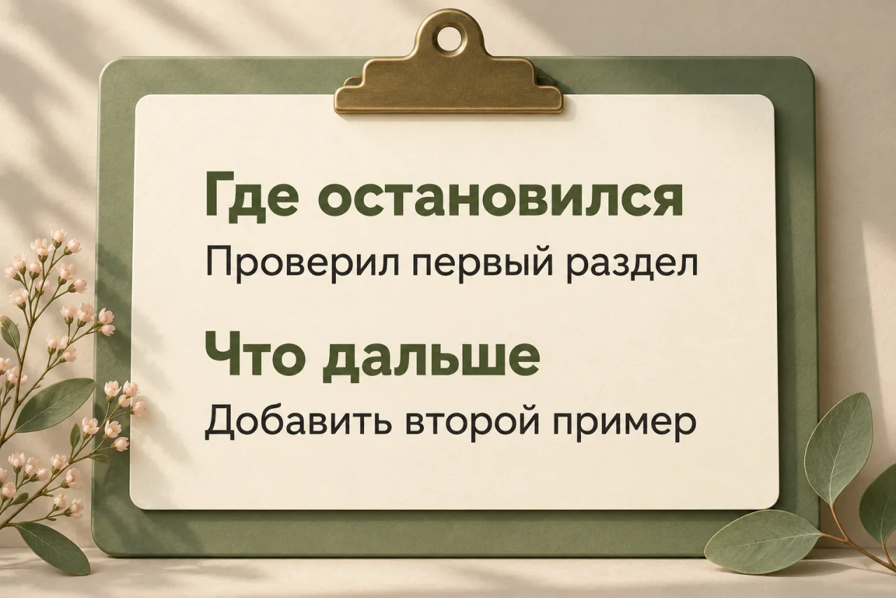 Карточка с примером записи: где остановился и что дальше