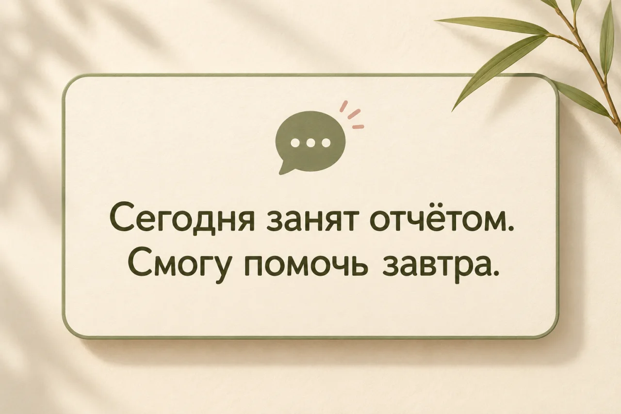 Карточка с фразой: сегодня занят отчётом, смогу помочь завтра