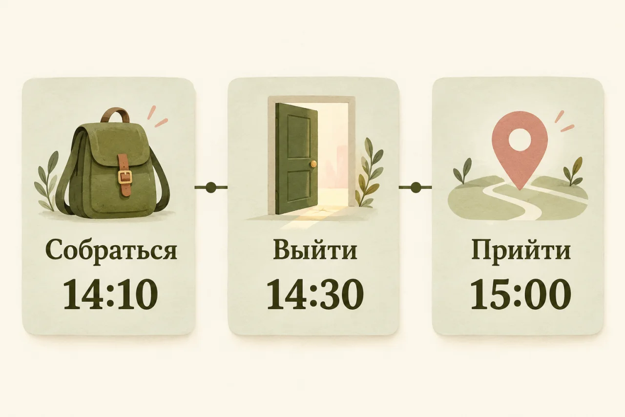 Схема подготовки к встрече: собраться в 14:10, выйти в 14:30, прийти в 15:00