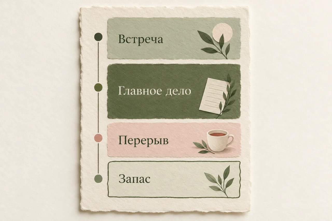 Схема дня: встреча, главное дело, перерыв и запас времени