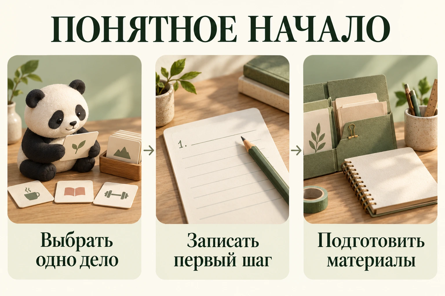 Схема начала задачи: выбрать одно дело, записать первый шаг, подготовить материалы